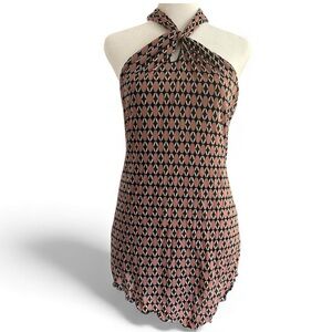 Y2K Asymmetrical Halter Top Large Geometric Print Black Pink